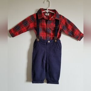 New Plaid Red Shirt and Navy Suspender Pants Set Sz 12 M